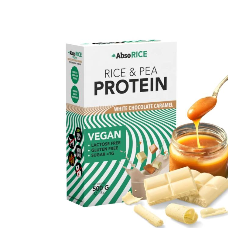 AbsoRICE protein 500g - Fehércsokoládé-karamell vegán fehérjepor